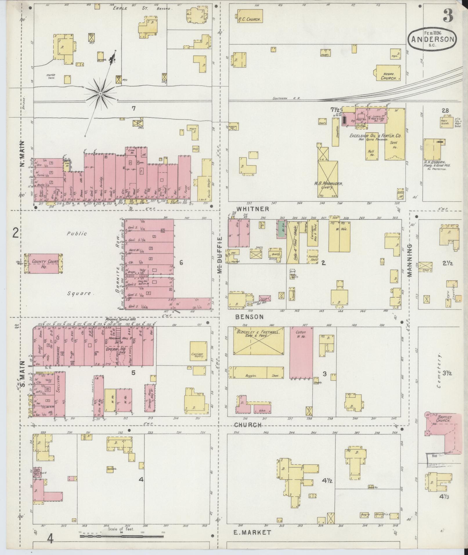 Sanborn Fire Insurance Map from Anderson, Anderson County, South Carolina (1896), Sheet #0003 - Complete Map Set gallery image, historic Sanborn map, vintage wall art, South Carolina South Carolina