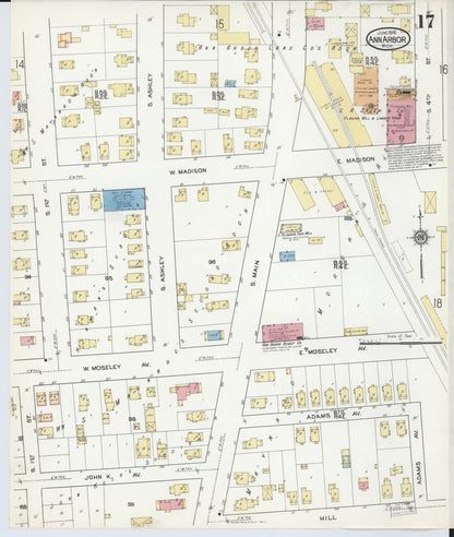 Sanborn Fire Insurance Map from Ann Arbor, Washtenaw County, Michigan (1916), Sheet #0017 - Historic Sanborn Fire Insurance Map Print, vintage old map wall art, antique decor, genealogy gift, Michigan Michigan map