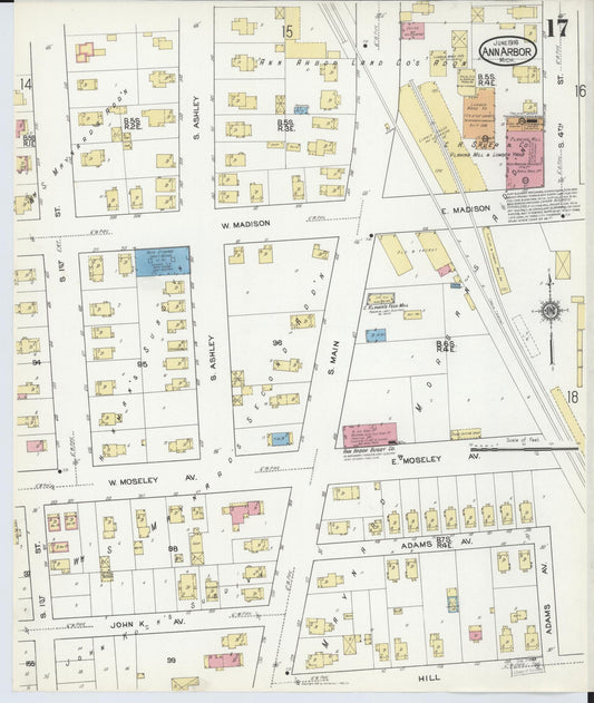 Sanborn Fire Insurance Map from Ann Arbor, Washtenaw County, Michigan (1916), Sheet #0017 - Historic Sanborn Fire Insurance Map Print, vintage old map wall art, antique decor, genealogy gift, Michigan Michigan map