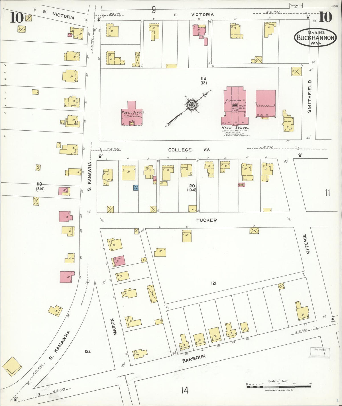 Sanborn Fire Insurance Map from Buckhannon, Upshur County, West Virginia (1923), Sheet #0010 - Historic Sanborn Fire Insurance Map Print, vintage old map wall art, antique decor, genealogy gift, West Virginia West Virginia map