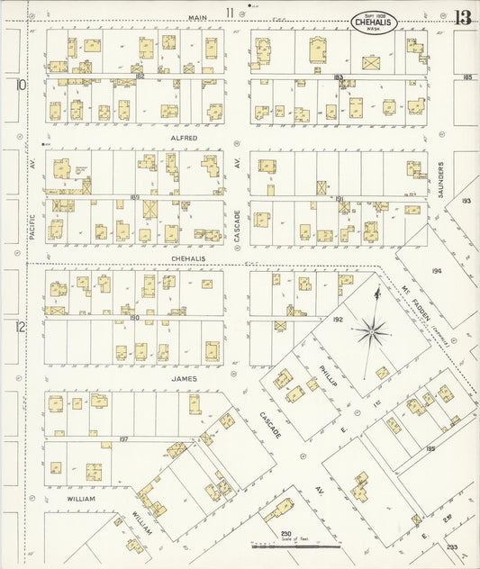 Sanborn Fire Insurance Map from Chehalis, Lewis County, Washington (1908), Sheet #0013 - Historic Sanborn Fire Insurance Map Print, vintage old map wall art, antique decor, genealogy gift, Washington Washington map