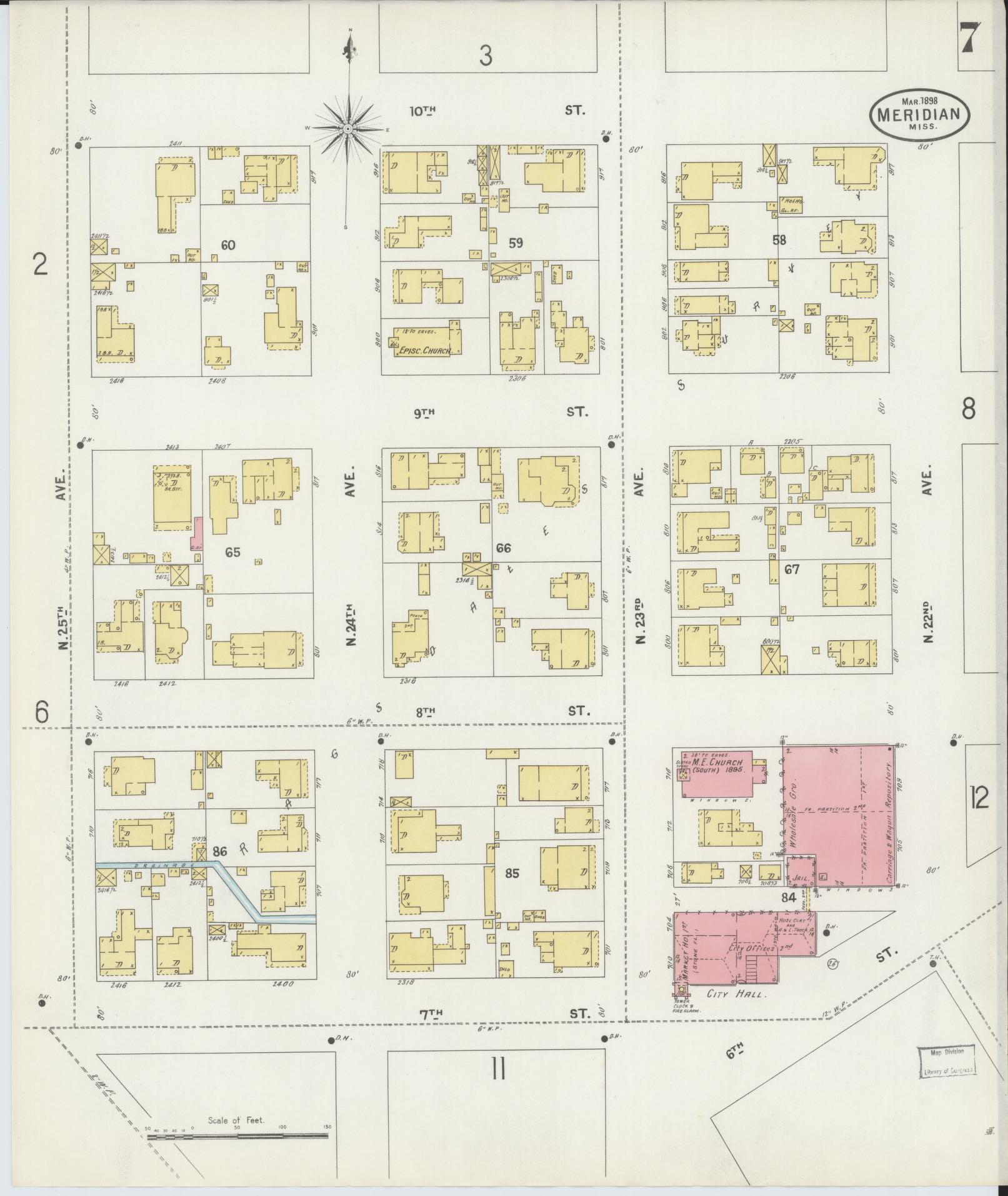 Sanborn Fire Insurance Map from Meridian, Lauderdale County, Mississippi (1898), Sheet #0007 - Complete Map Set gallery image, historic Sanborn map, vintage wall art, Mississippi Mississippi