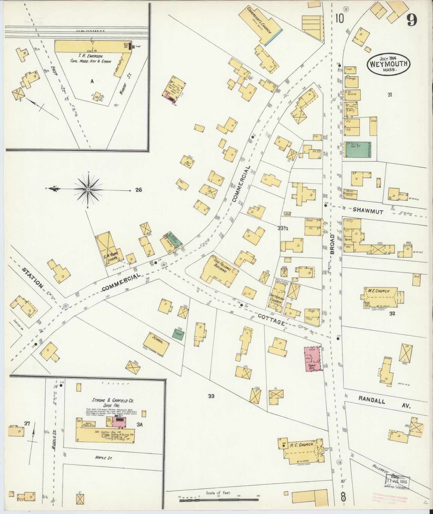 Sanborn Fire Insurance Map from Weymouth, Norfolk County, Massachusetts (1904), Sheet #0009 - Historic Sanborn Fire Insurance Map Print, vintage old map wall art, antique decor, genealogy gift, Massachusetts Massachusetts map