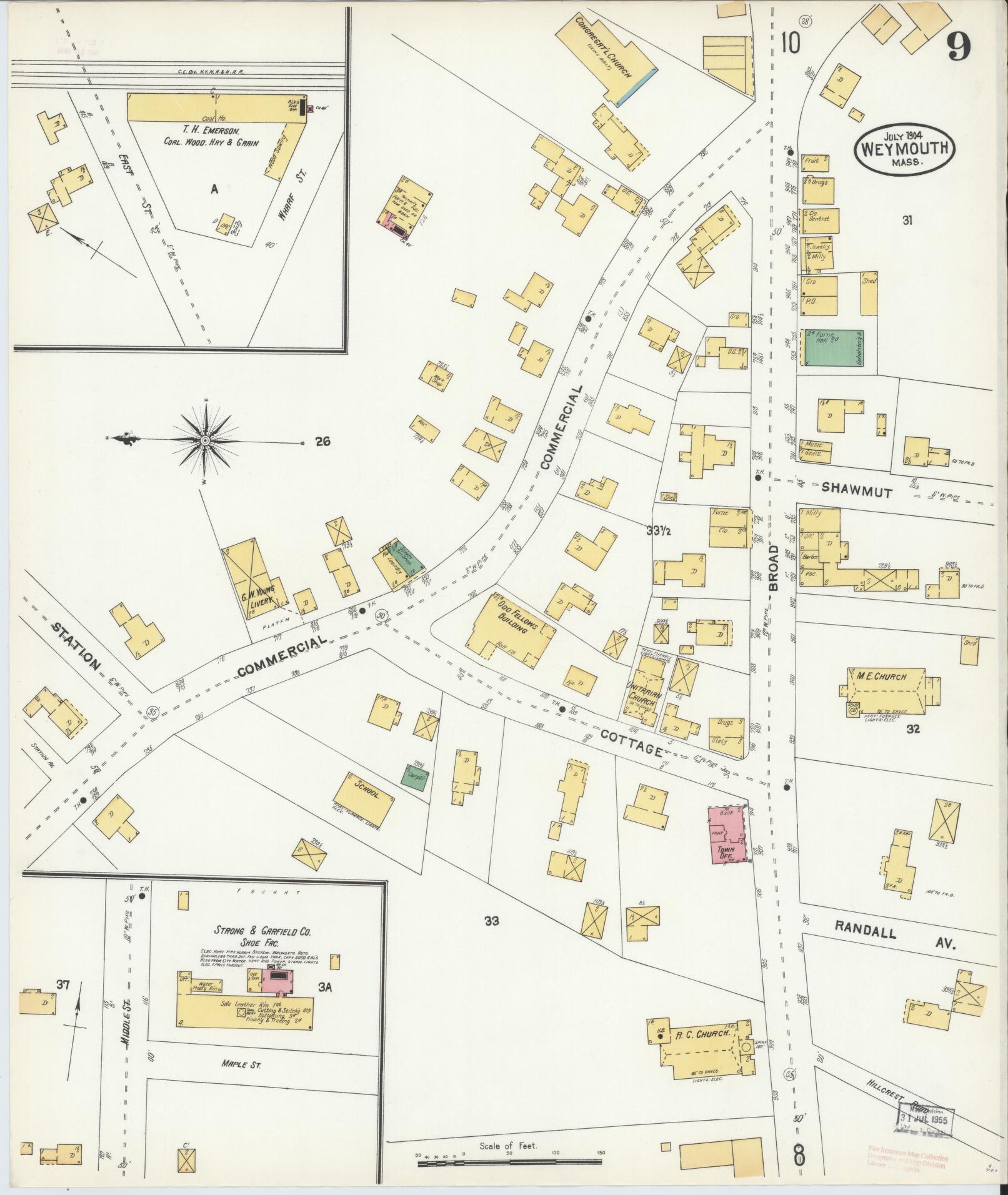 Sanborn Fire Insurance Map from Weymouth, Norfolk County, Massachusetts (1904), Sheet #0009 - Historic Sanborn Fire Insurance Map Print, vintage old map wall art, antique decor, genealogy gift, Massachusetts Massachusetts map