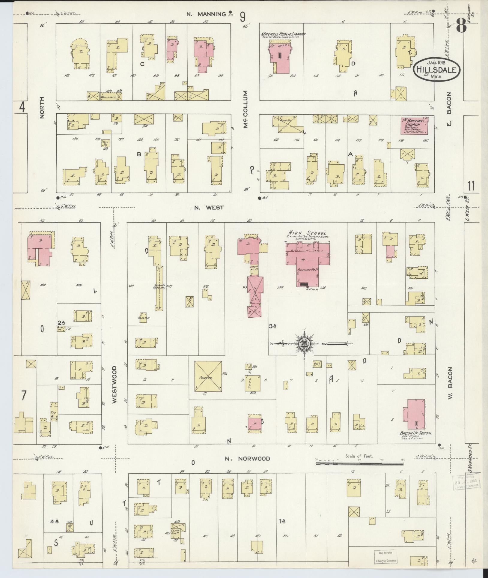 Sanborn Fire Insurance Map from Hillsdale, Hillsdale County, Michigan (1913), Sheet #0008 - Complete Map Set gallery image, historic Sanborn map, vintage wall art, Michigan Michigan