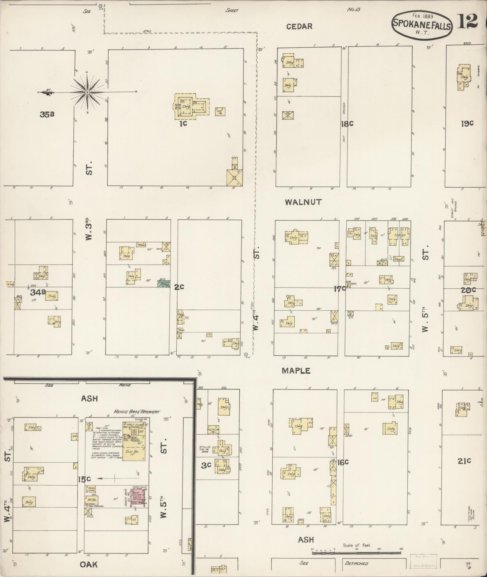 Sanborn Fire Insurance Map from Spokane, Spokane County, Washington (1889), Sheet #0012 - Historic Sanborn Fire Insurance Map Print, vintage old map wall art, antique decor, genealogy gift, Washington Washington map