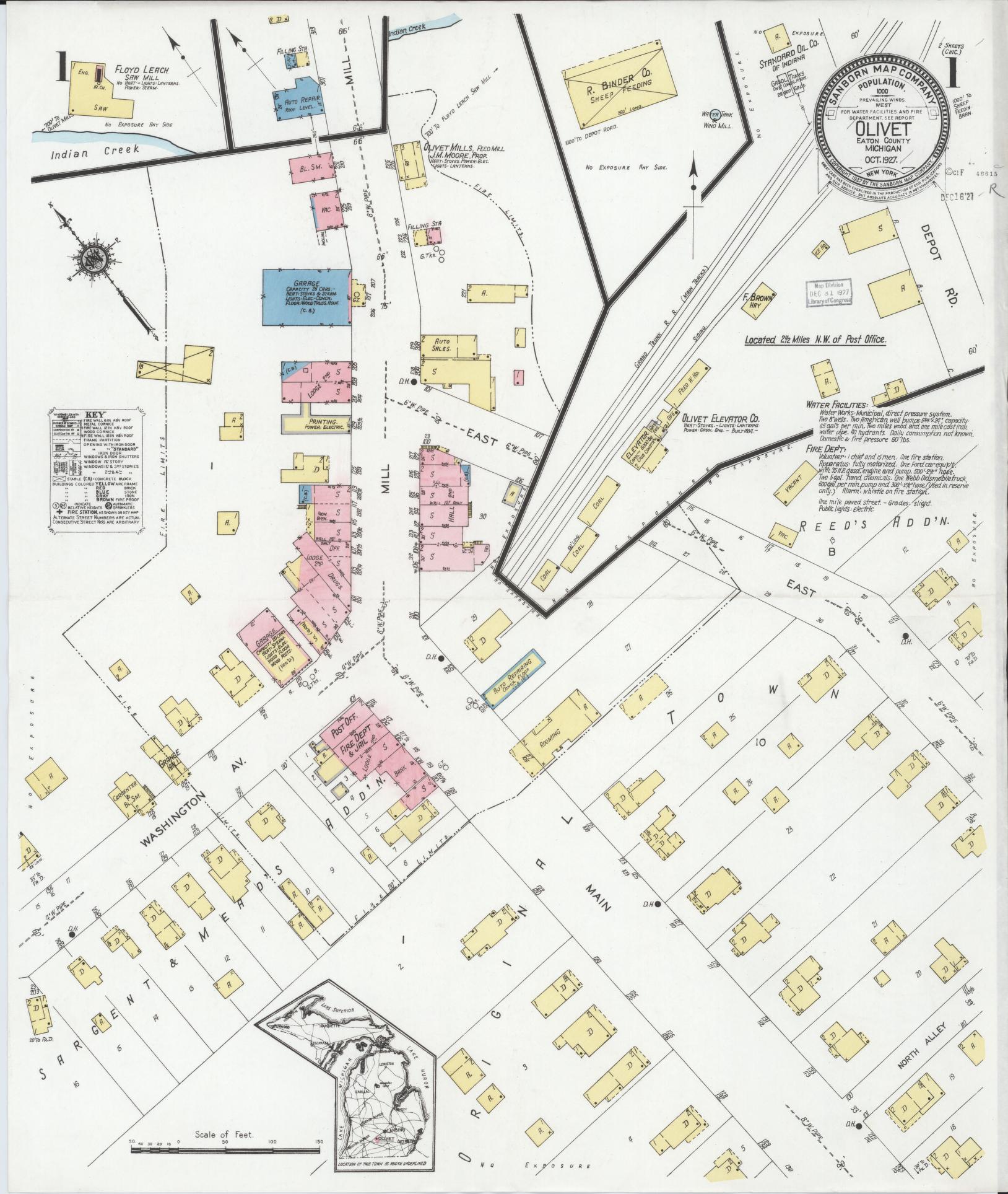 Sanborn Fire Insurance Map from Olivet, Eaton County, Michigan (1927), Sheet #0001 - Complete Map Set gallery image, historic Sanborn map, vintage wall art, Michigan Michigan