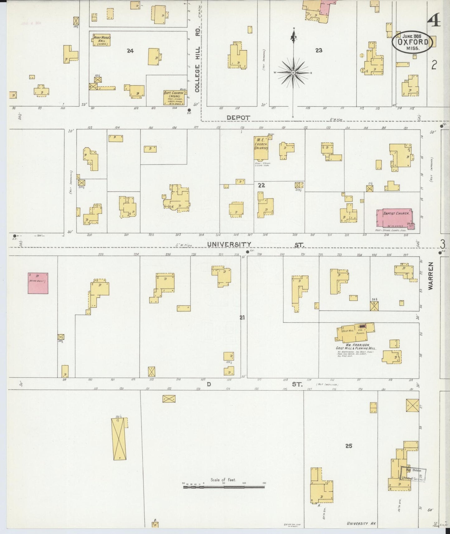 Sanborn Fire Insurance Map from Oxford, Lafayette County, Mississippi (1905), Sheet #0004 - Complete Map Set gallery image, historic Sanborn map, vintage wall art, Mississippi Mississippi