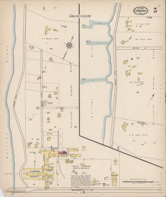 Sanborn Fire Insurance Map from Ormond, Volusia County, Florida (1921), Sheet #0005 - Historic Sanborn Fire Insurance Map Print, vintage old map wall art, antique decor, genealogy gift, Florida Florida map