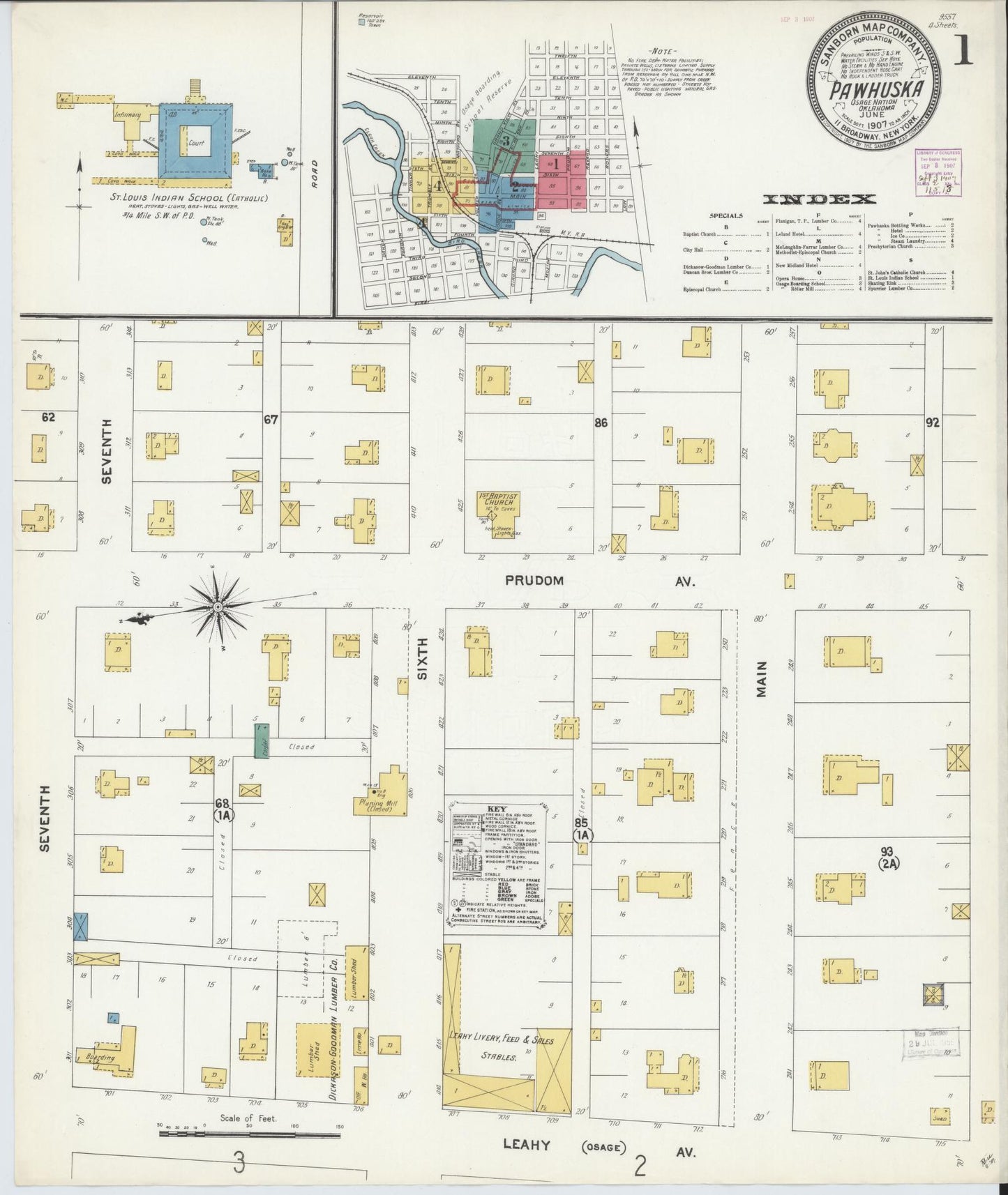 Sanborn Fire Insurance Map from Pawhuska, Osage County, Oklahoma (1907), Sheet #0001 - Historic Sanborn Fire Insurance Map Print, vintage old map wall art, antique decor, genealogy gift, Oklahoma Oklahoma map