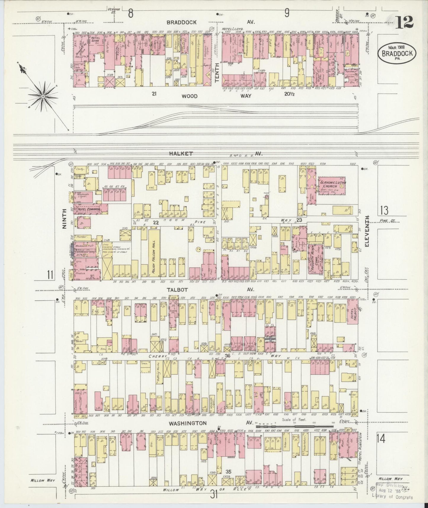 Sanborn Fire Insurance Map from Braddock, Allegheny County, Pennsylvania (1908), Sheet #0012 - Historic Sanborn Fire Insurance Map Print, vintage old map wall art, antique decor, genealogy gift, Pennsylvania Pennsylvania map