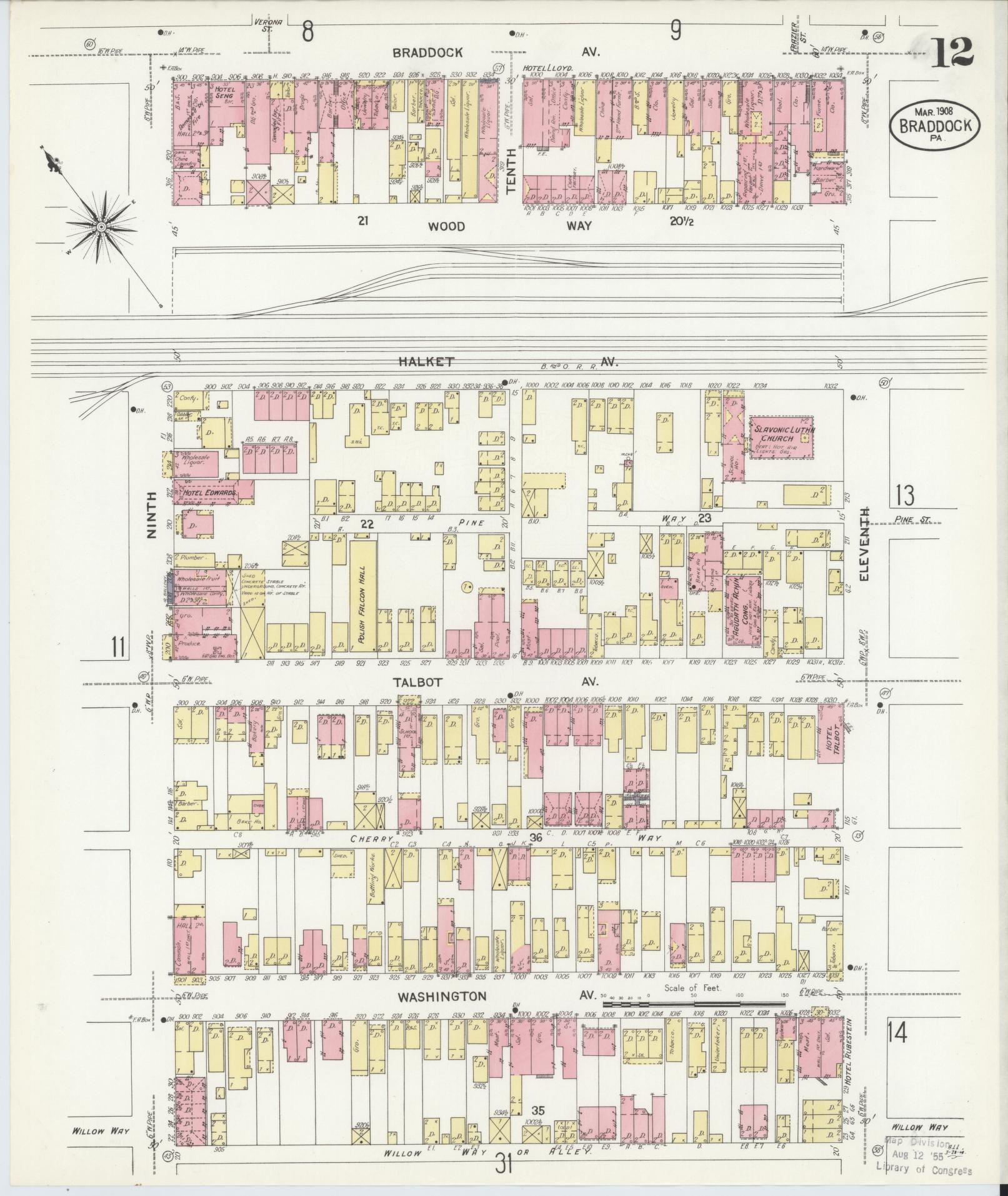 Sanborn Fire Insurance Map from Braddock, Allegheny County, Pennsylvania (1908), Sheet #0012 - Historic Sanborn Fire Insurance Map Print, vintage old map wall art, antique decor, genealogy gift, Pennsylvania Pennsylvania map
