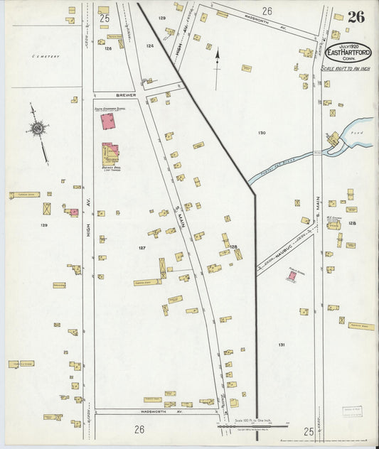 Sanborn Fire Insurance Map from East Hartford, Hartford County, Connecticut (1920), Sheet #0026 - Historic Sanborn Fire Insurance Map Print, vintage old map wall art, antique decor, genealogy gift, Connecticut Connecticut map