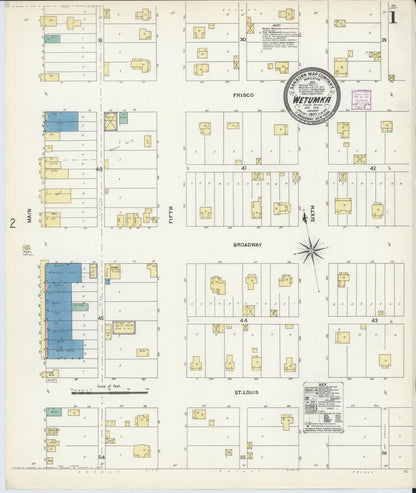 Sanborn Fire Insurance Map from Wetumka, Hughes County, Oklahoma (1907), Sheet #0001 - Complete Map Set gallery image, historic Sanborn map, vintage wall art, Oklahoma Oklahoma