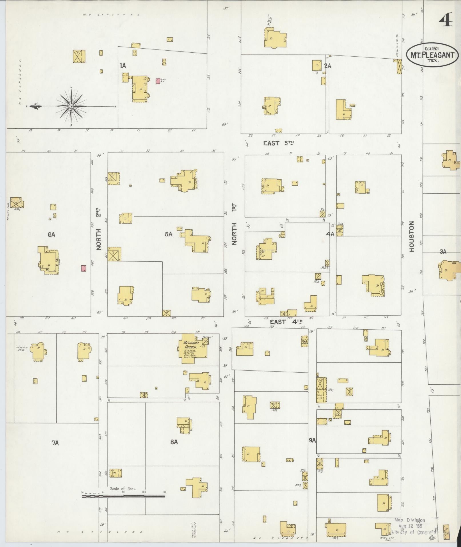 Sanborn Fire Insurance Map from Mount Pleasant, Titus County, Texas (1901), Sheet #0004 - Historic Sanborn Fire Insurance Map Print, vintage old map wall art, antique decor, genealogy gift, Texas Texas map