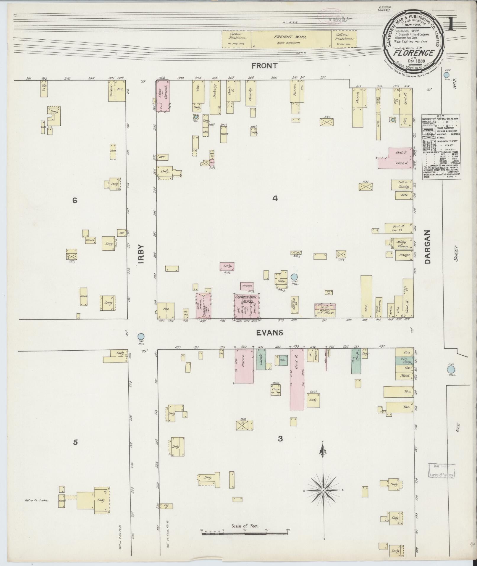 Sanborn Fire Insurance Map from Florence, Florence County, South Carolina (1888), Sheet #0001 - Historic Sanborn Fire Insurance Map Print, vintage old map wall art, antique decor, genealogy gift, South Carolina South Carolina map