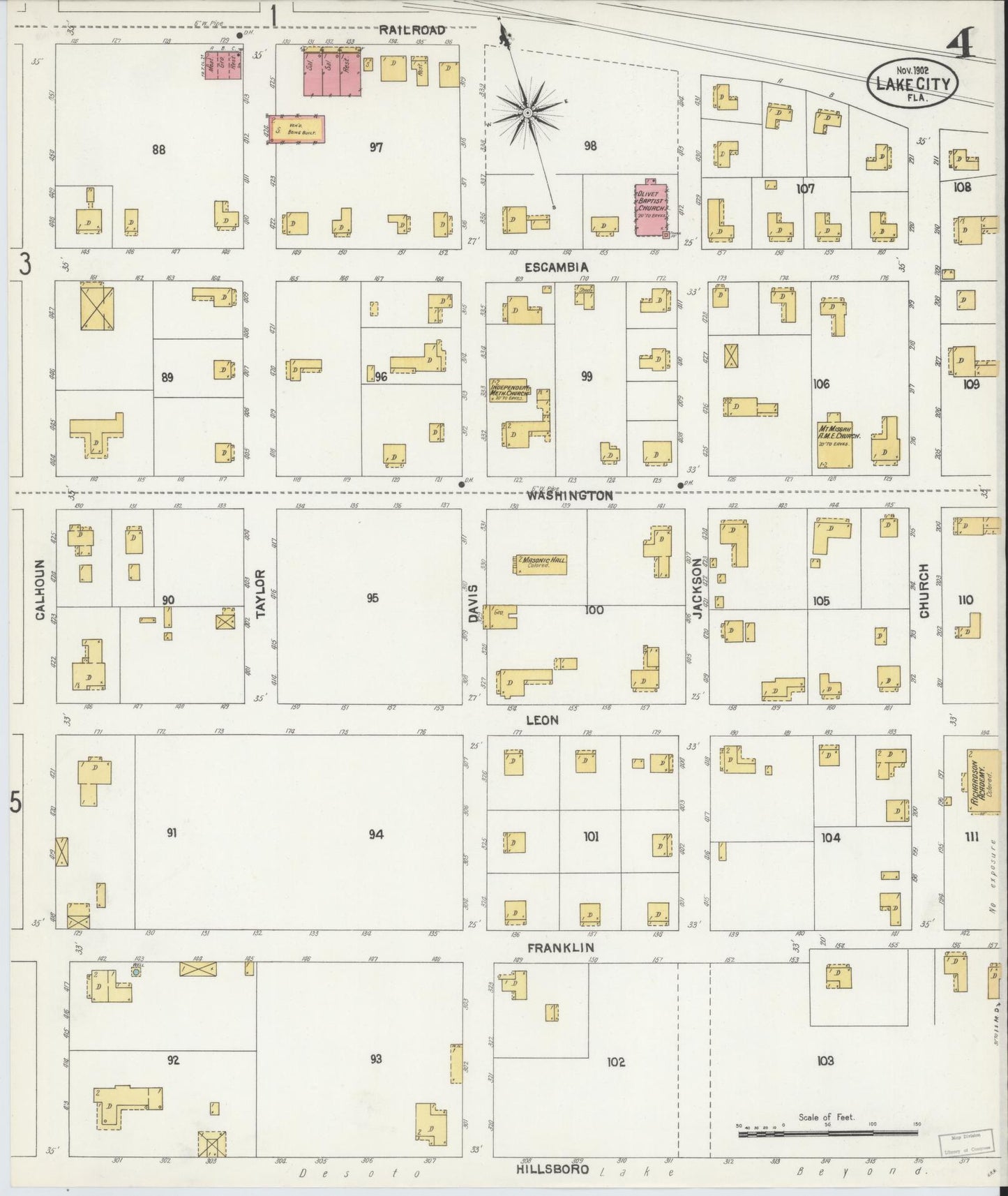 Sanborn Fire Insurance Map from Lake City, Columbia County, Florida (1902), Sheet #0004 - Historic Sanborn Fire Insurance Map Print, vintage old map wall art, antique decor, genealogy gift, Florida Florida map
