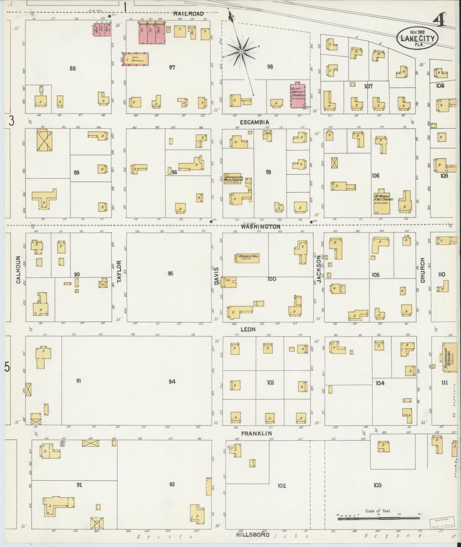 Sanborn Fire Insurance Map from Lake City, Columbia County, Florida (1902), Sheet #0004 - Historic Sanborn Fire Insurance Map Print, vintage old map wall art, antique decor, genealogy gift, Florida Florida map