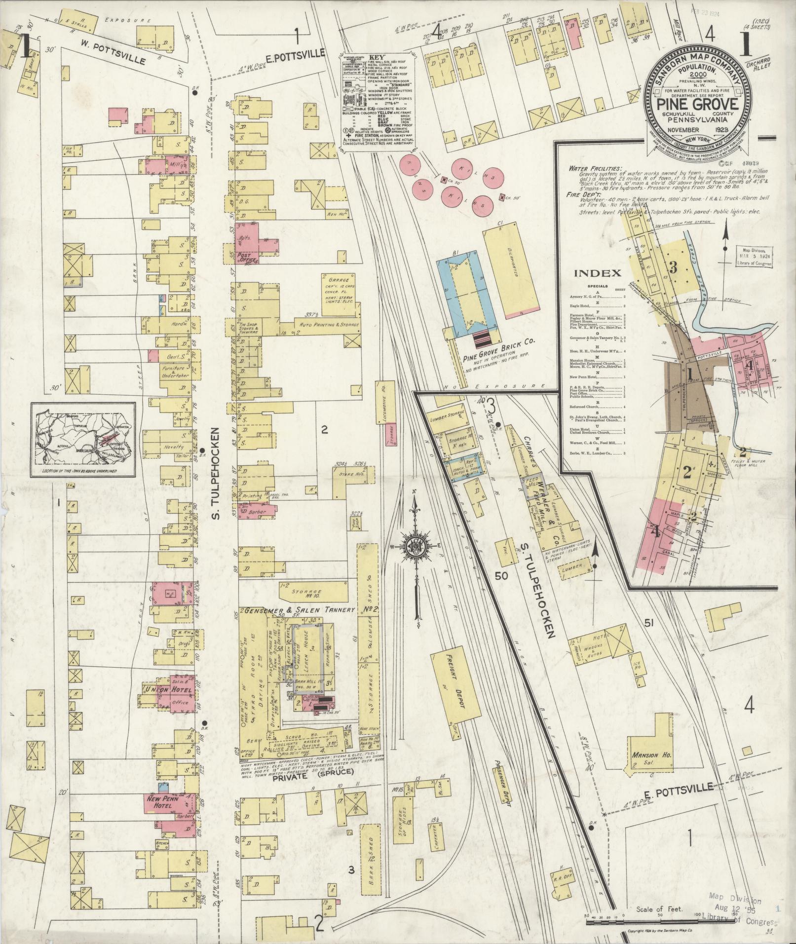 Sanborn Fire Insurance Map from Pine Grove, Schuylkill County, Pennsylvania (1923), Sheet #0001 - Complete Map Set gallery image, historic Sanborn map, vintage wall art, Pennsylvania Pennsylvania