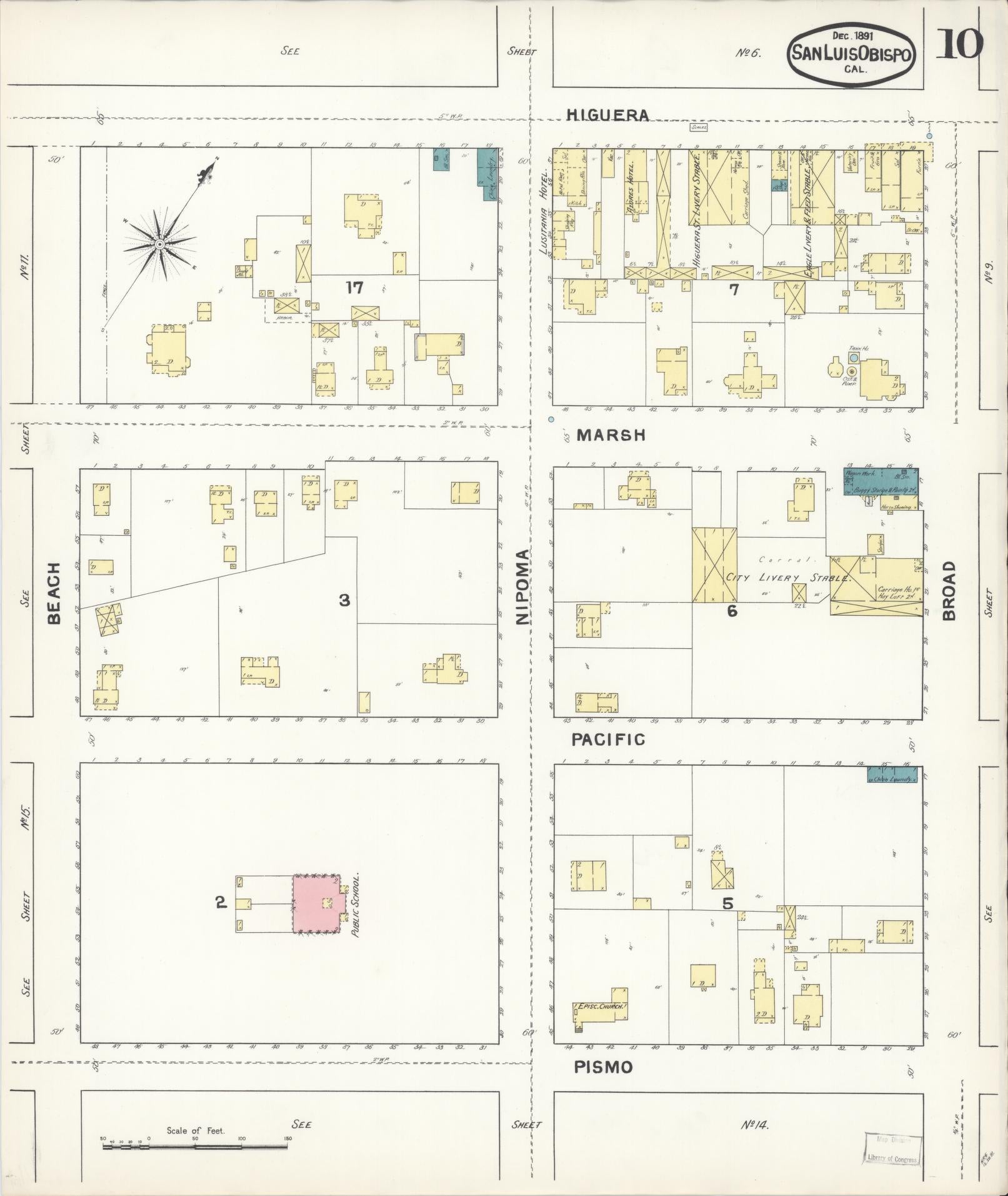 Sanborn Fire Insurance Map from San Luis Obispo, San Luis Obispo County, California (1891), Sheet #0010 - Complete Map Set gallery image, historic Sanborn map, vintage wall art, California California