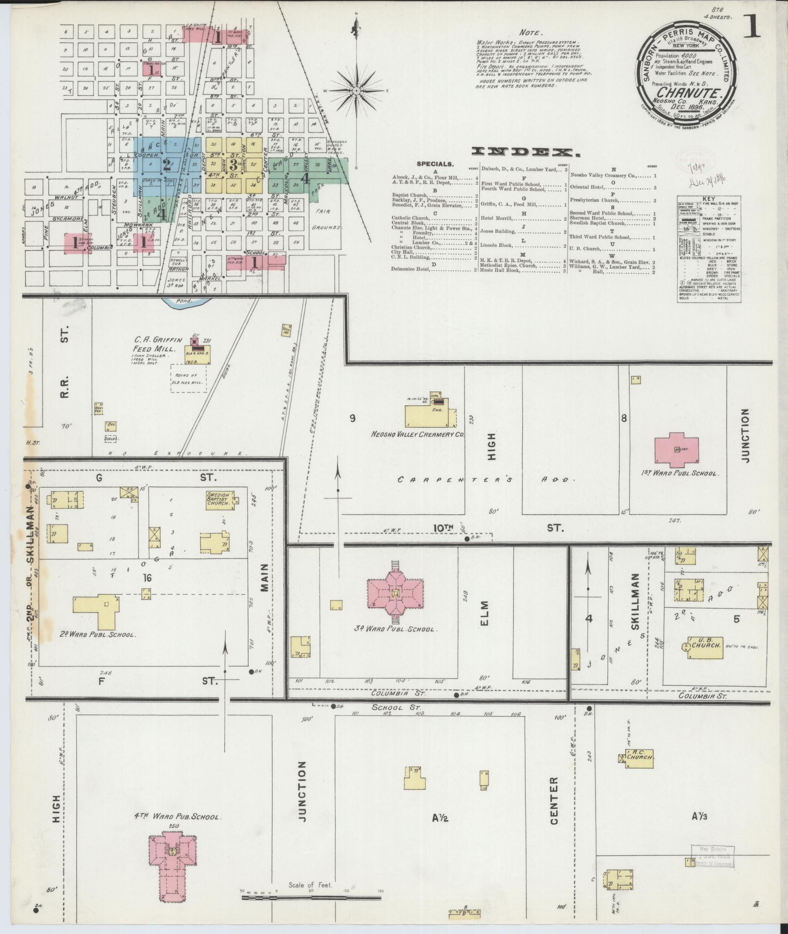 Sanborn Fire Insurance Map from Chanute, Neosho County, Kansas (1896), Sheet #0001 - Historic Sanborn Fire Insurance Map Print, vintage old map wall art, antique decor, genealogy gift, Kansas Kansas map