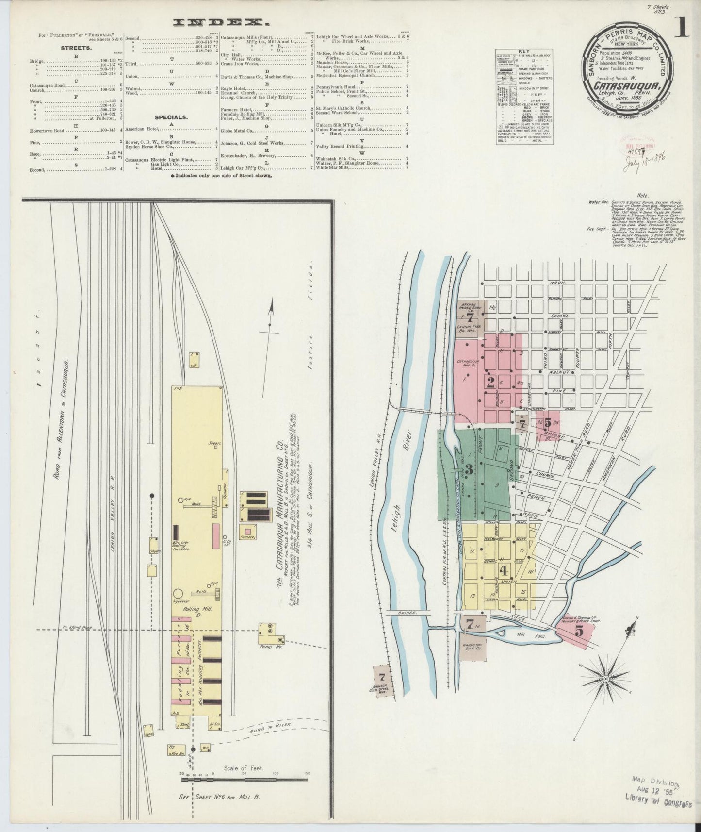 Sanborn Fire Insurance Map from Catasauqua, Lehigh County, Pennsylvania (1896), Sheet #0001 - Historic Sanborn Fire Insurance Map Print, vintage old map wall art, antique decor, genealogy gift, Pennsylvania Pennsylvania map