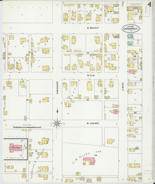 Sanborn Fire Insurance Map from Carbondale, Jackson County, Illinois (1899), Sheet #0004 - Historic Sanborn Fire Insurance Map Print, vintage old map wall art, antique decor, genealogy gift, Illinois Illinois map