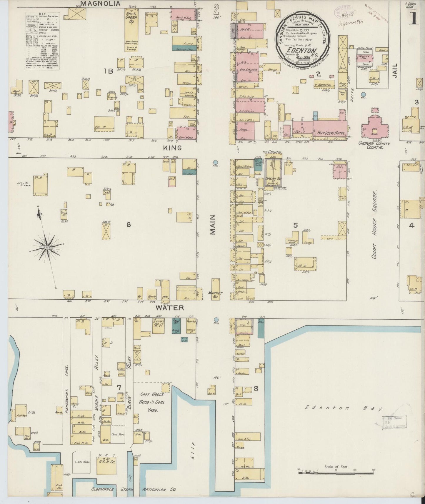 Sanborn Fire Insurance Map from Edenton, Chowan County, North Carolina (1893), Sheet #0001 - Complete Map Set gallery image, historic Sanborn map, vintage wall art, North Carolina North Carolina
