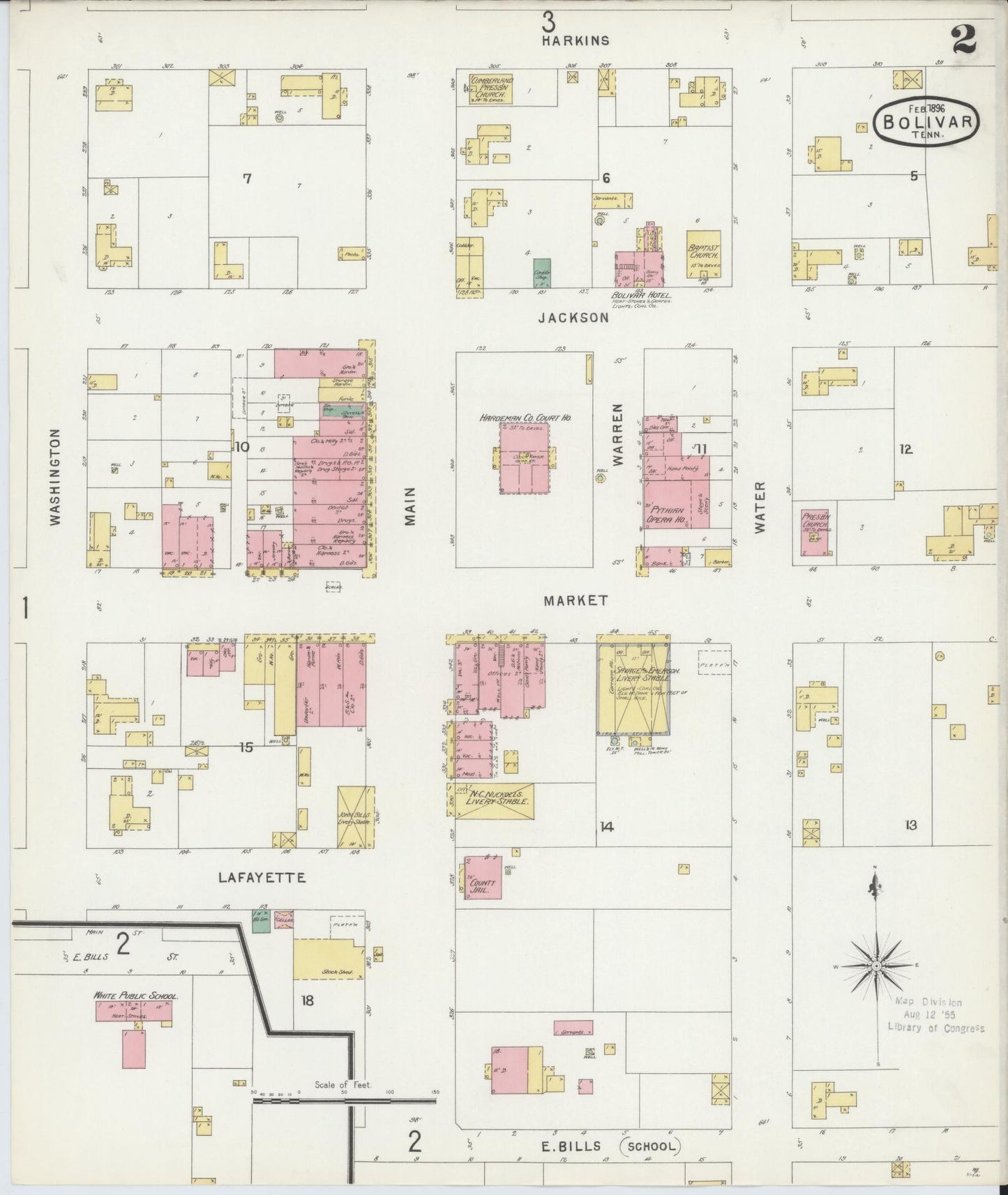 Sanborn Fire Insurance Map from Bolivar, Hardeman County, Tennessee (1896), Sheet #0002 - Complete Map Set gallery image, historic Sanborn map, vintage wall art, Tennessee Tennessee