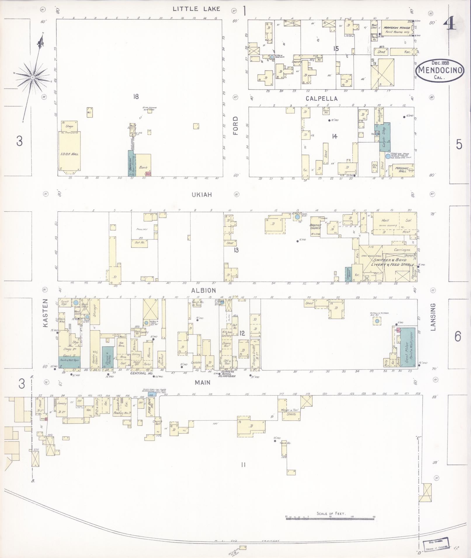 Sanborn Fire Insurance Map from Mendocino, Mendocino County, California (1898), Sheet #0004 - Historic Sanborn Fire Insurance Map Print, vintage old map wall art, antique decor, genealogy gift, California California map