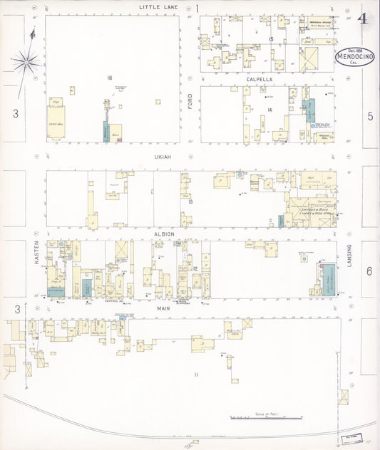Sanborn Fire Insurance Map from Mendocino, Mendocino County, California (1898), Sheet #0004 - Historic Sanborn Fire Insurance Map Print, vintage old map wall art, antique decor, genealogy gift, California California map