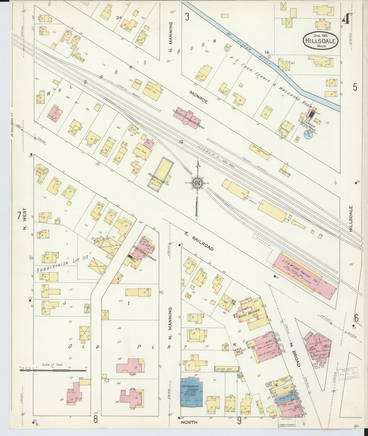 Sanborn Fire Insurance Map from Hillsdale, Hillsdale County, Michigan (1913), Sheet #0004 - Complete Map Set gallery image, historic Sanborn map, vintage wall art, Michigan Michigan