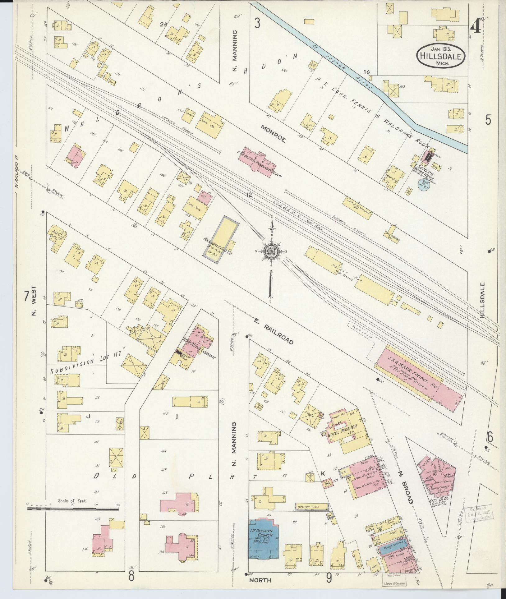 Sanborn Fire Insurance Map from Hillsdale, Hillsdale County, Michigan (1913), Sheet #0004 - Complete Map Set gallery image, historic Sanborn map, vintage wall art, Michigan Michigan