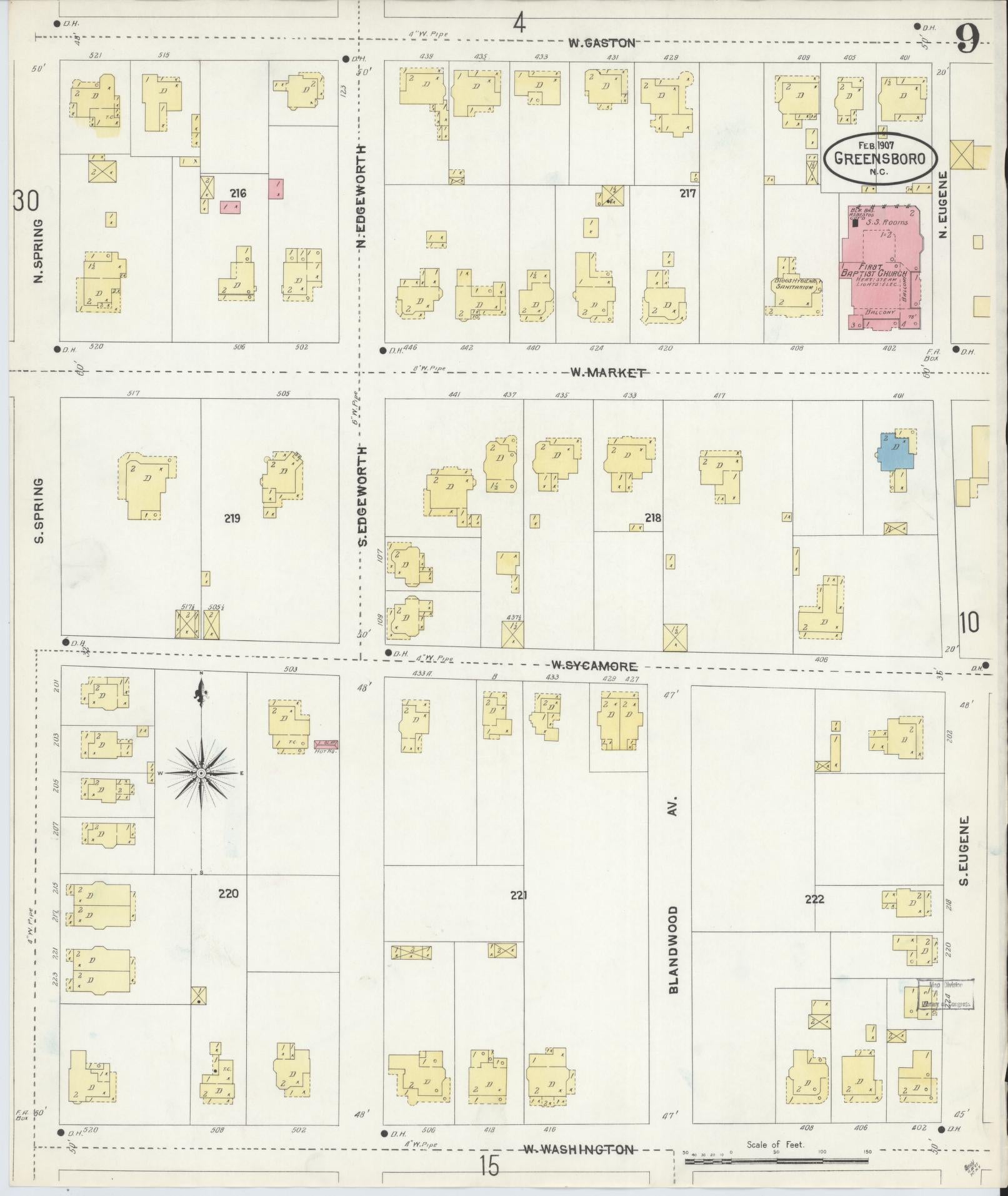 Sanborn Fire Insurance Map from Greensboro, Guilford County, North Carolina (1907), Sheet #0009 - Complete Map Set gallery image, historic Sanborn map, vintage wall art, North Carolina North Carolina