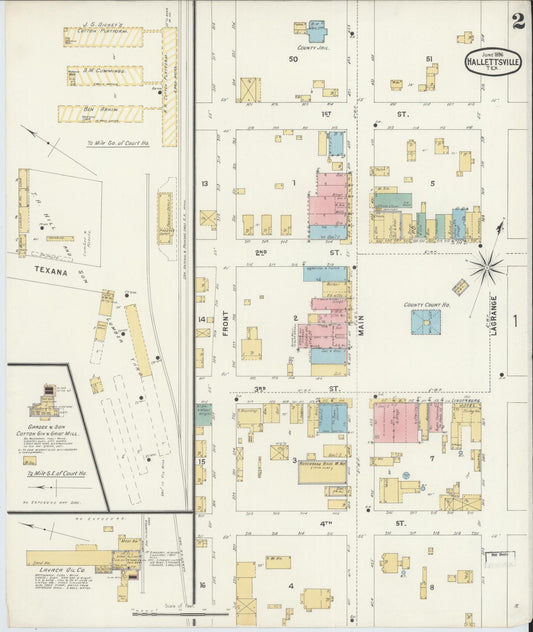 Sanborn Fire Insurance Map from Hallettsville, Lavaca County, Texas (1896), Sheet #0002 - Historic Sanborn Fire Insurance Map Print, vintage old map wall art, antique decor, genealogy gift, Texas Texas map