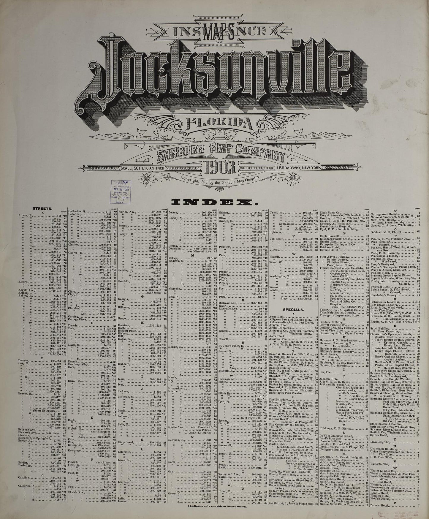 Sanborn Fire Insurance Map from Jacksonville, Duval County, Florida. (1903), Sheet 1 – Historic Sanborn Fire Insurance Map Print
