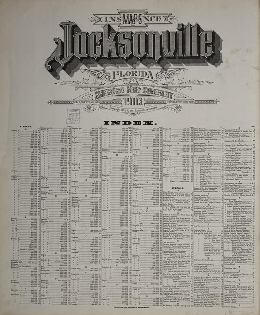 Sanborn Fire Insurance Map from Jacksonville, Duval County, Florida. (1903), Sheet 1 – Historic Sanborn Fire Insurance Map Print