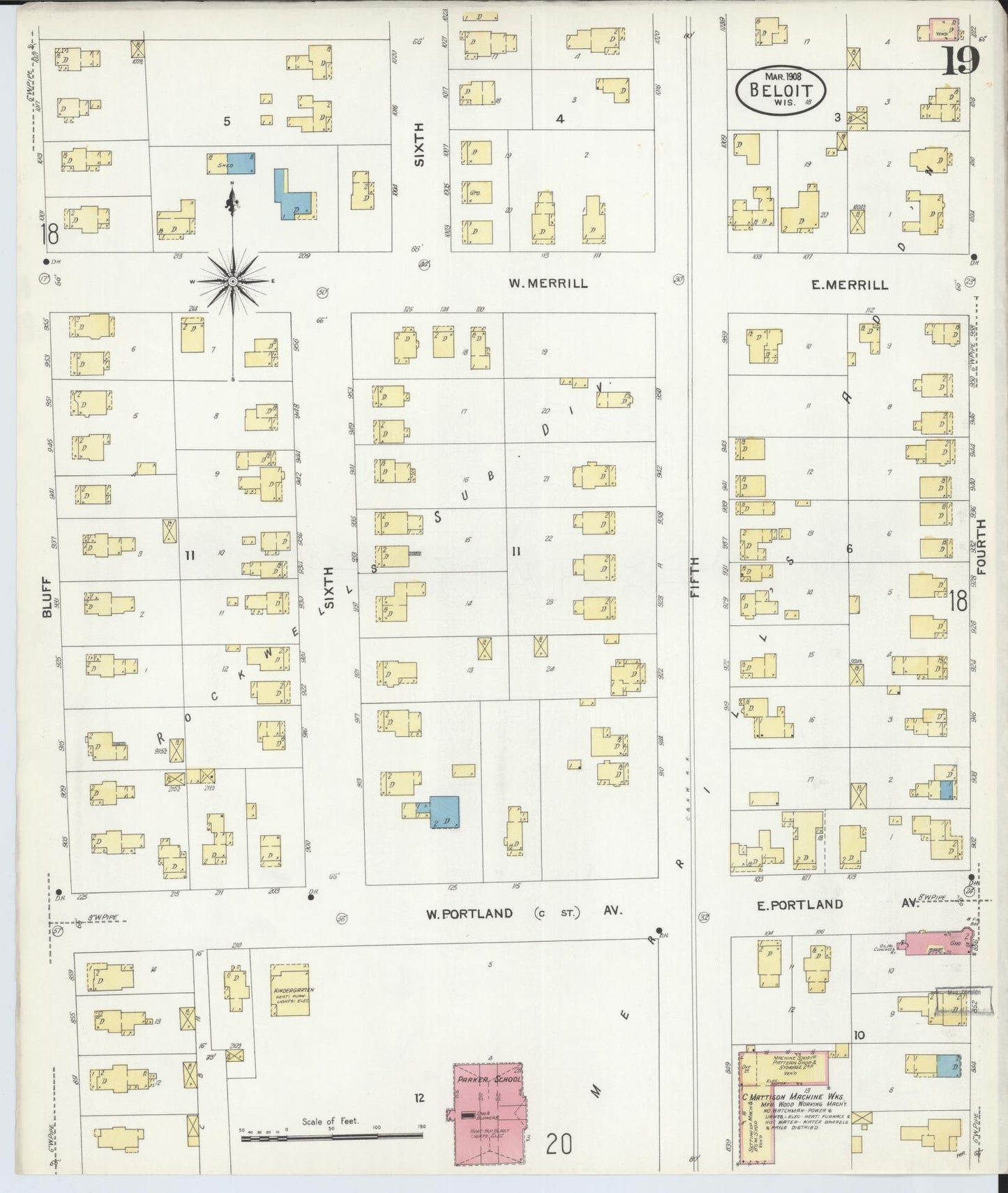 Sanborn Fire Insurance Map from Beloit, Rock County, Wisconsin (1908), Sheet #0019 - Complete Map Set gallery image, historic Sanborn map, vintage wall art, Wisconsin Wisconsin