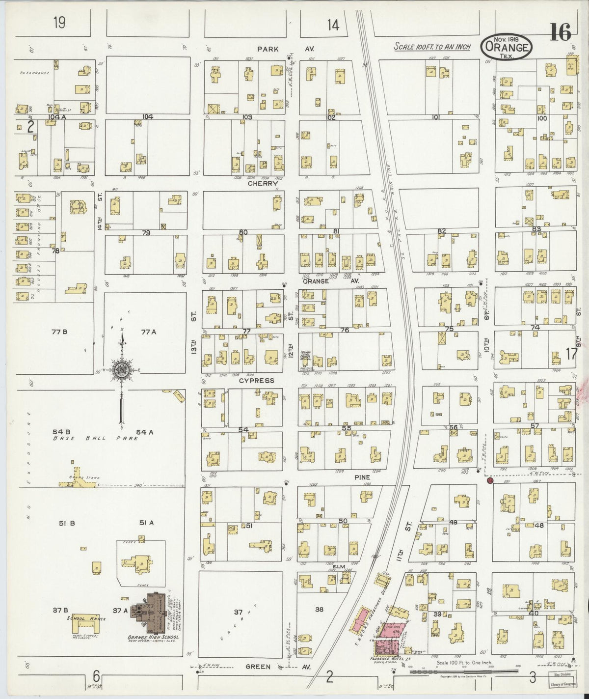 Sanborn Fire Insurance Map from Orange, Orange County, Texas (1919), Sheet #0016 - Historic Sanborn Fire Insurance Map Print, vintage old map wall art, antique decor, genealogy gift, Texas Texas map