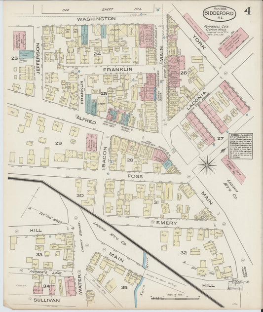 Sanborn Fire Insurance Map from Biddeford, York County, Maine (1885), Sheet #0004 - Historic Sanborn Fire Insurance Map Print, vintage old map wall art, antique decor, genealogy gift, Maine Maine map