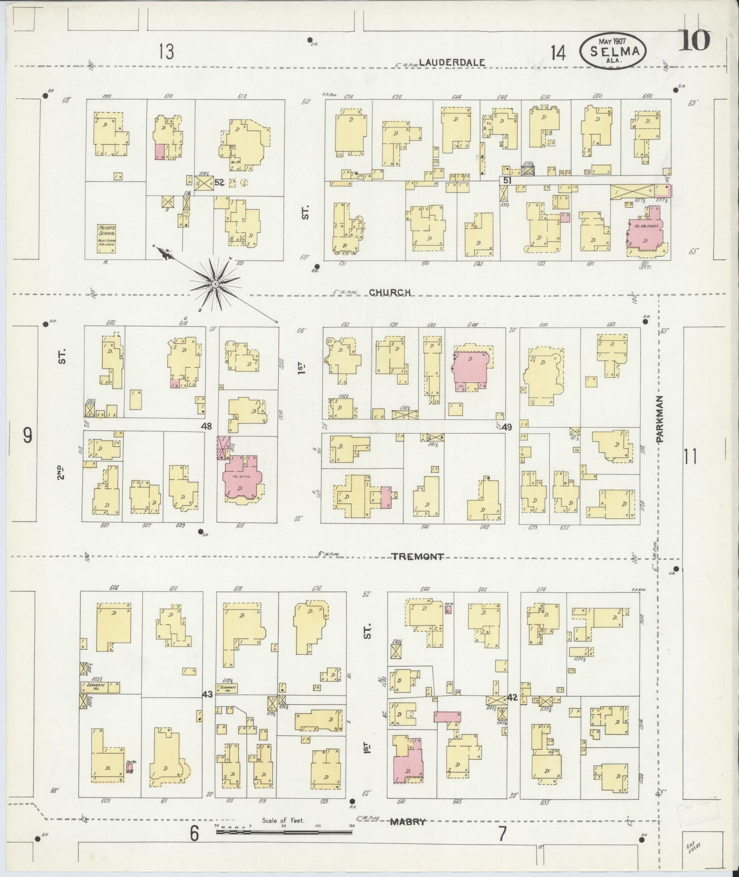 Sanborn Fire Insurance Map from Selma, Dallas County, Alabama (1907), Sheet #0010 - Historic Sanborn Fire Insurance Map Print, vintage old map wall art, antique decor, genealogy gift, Alabama Alabama map
