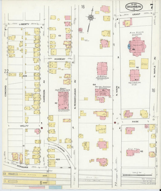 Sanborn Fire Insurance Map from Greensburg, Westmoreland County, Pennsylvania (1915), Sheet #0007 - Historic Sanborn Fire Insurance Map Print, vintage old map wall art, antique decor, genealogy gift, Pennsylvania Pennsylvania map