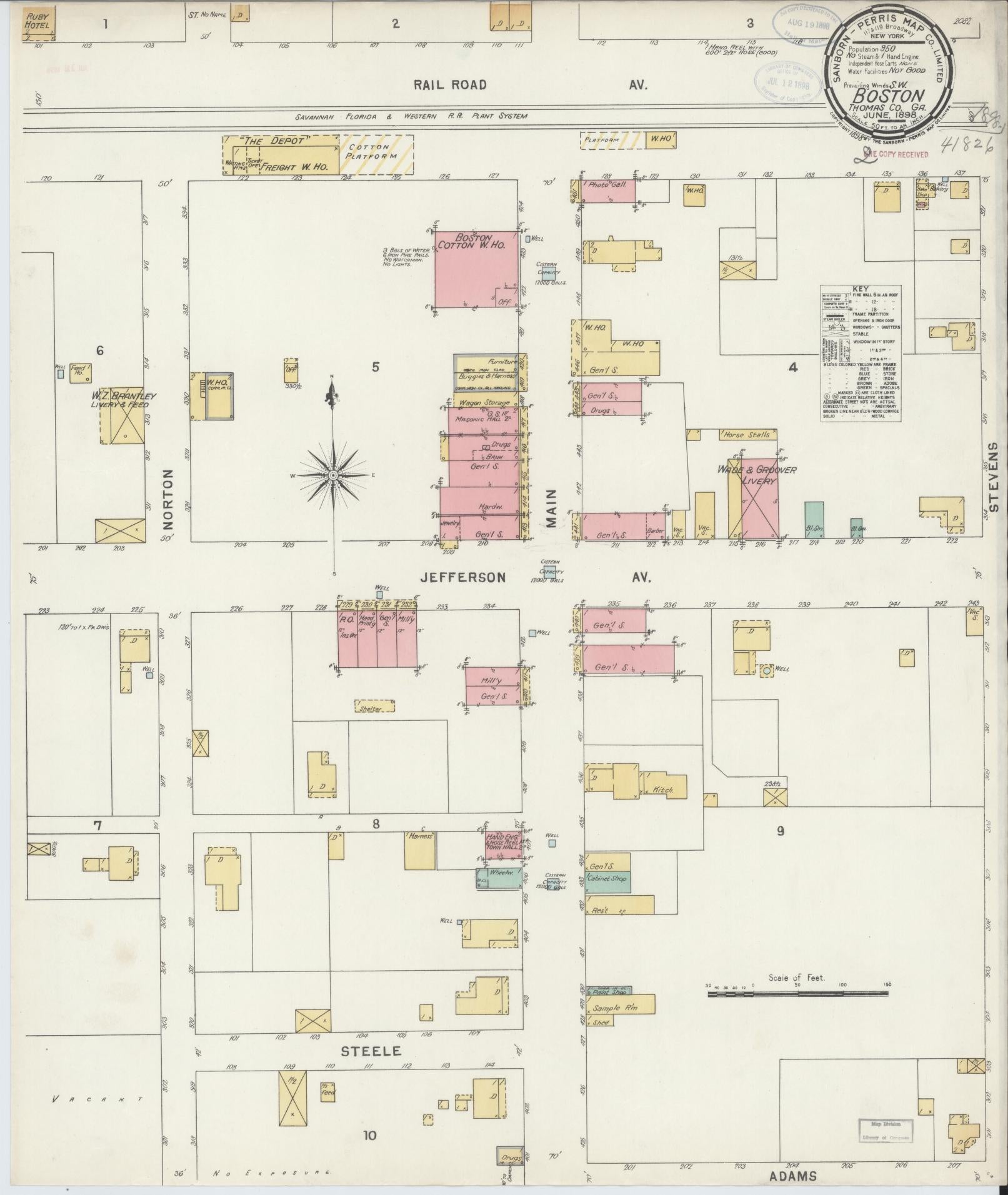 Sanborn Fire Insurance Map from Boston, Thomas County, Georgia (1898), Sheet #0001 - Historic Sanborn Fire Insurance Map Print, vintage old map wall art, antique decor, genealogy gift, Georgia Georgia map