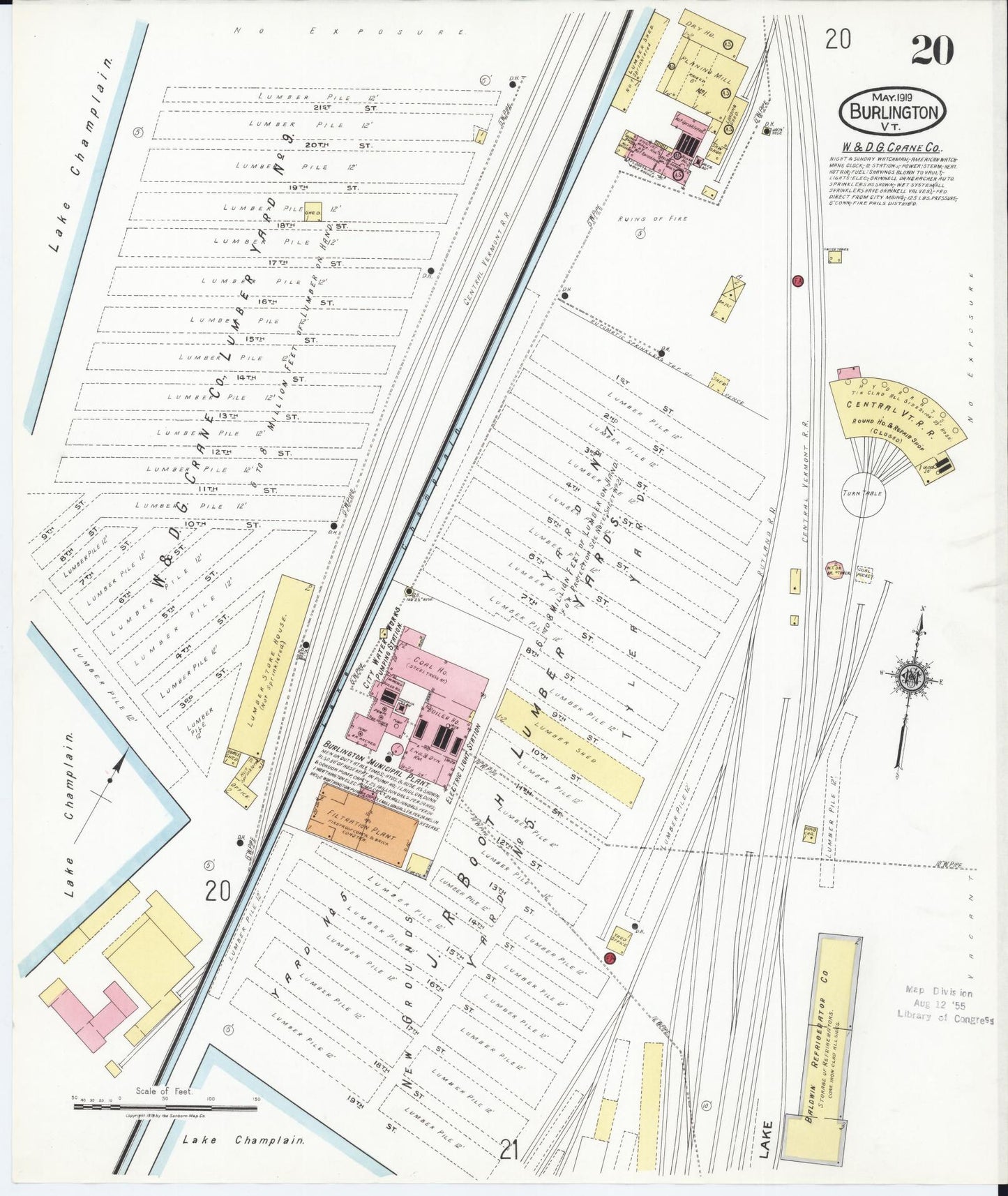 Sanborn Fire Insurance Map from Burlington, Chittenden County, Vermont (1919), Sheet #0020 - Historic Sanborn Fire Insurance Map Print, vintage old map wall art, antique decor, genealogy gift, Vermont Vermont map