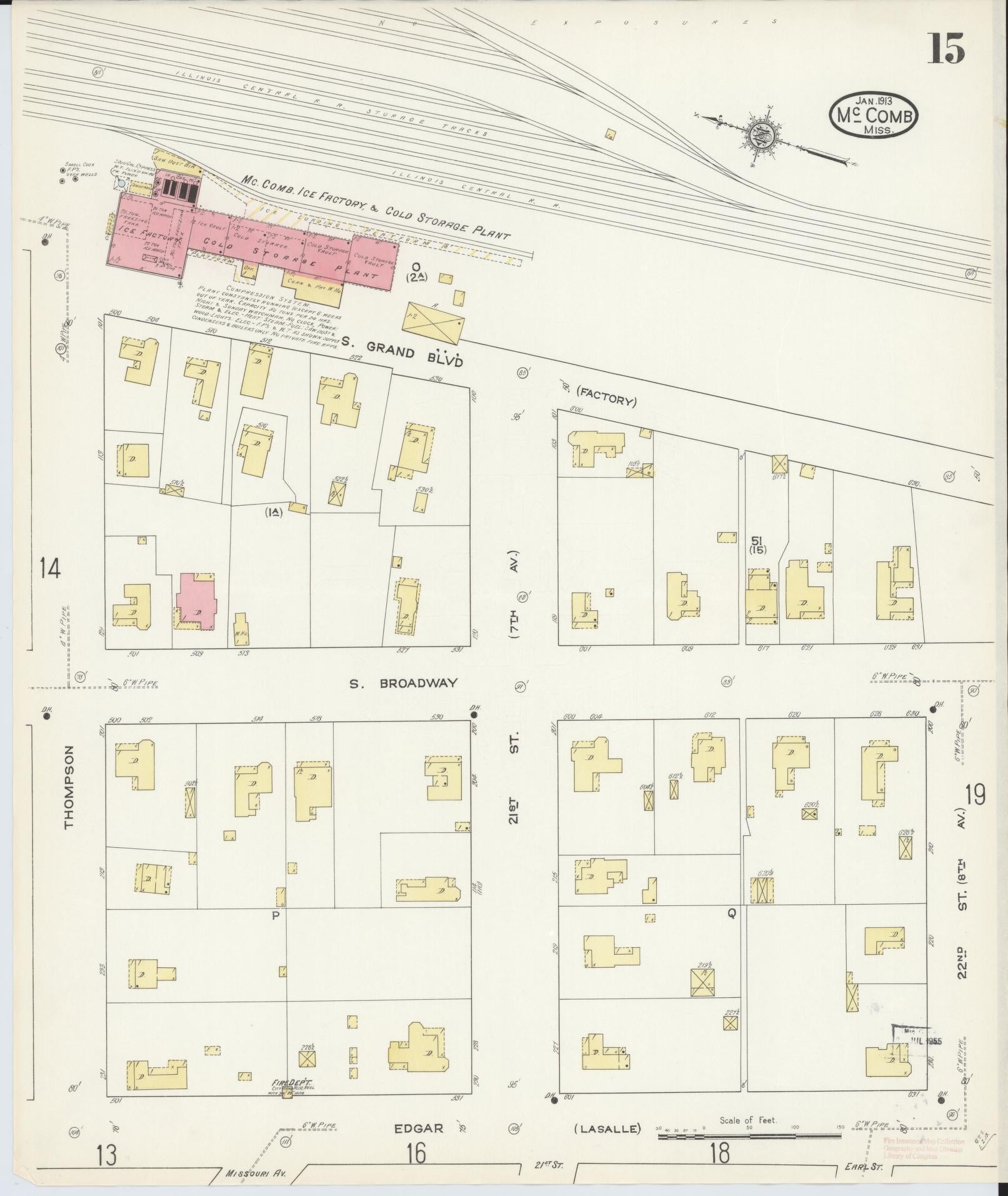 Sanborn Fire Insurance Map from McComb, Pike County, Mississippi (1913), Sheet #0015 - Historic Sanborn Fire Insurance Map Print, vintage old map wall art, antique decor, genealogy gift, Mississippi Mississippi map