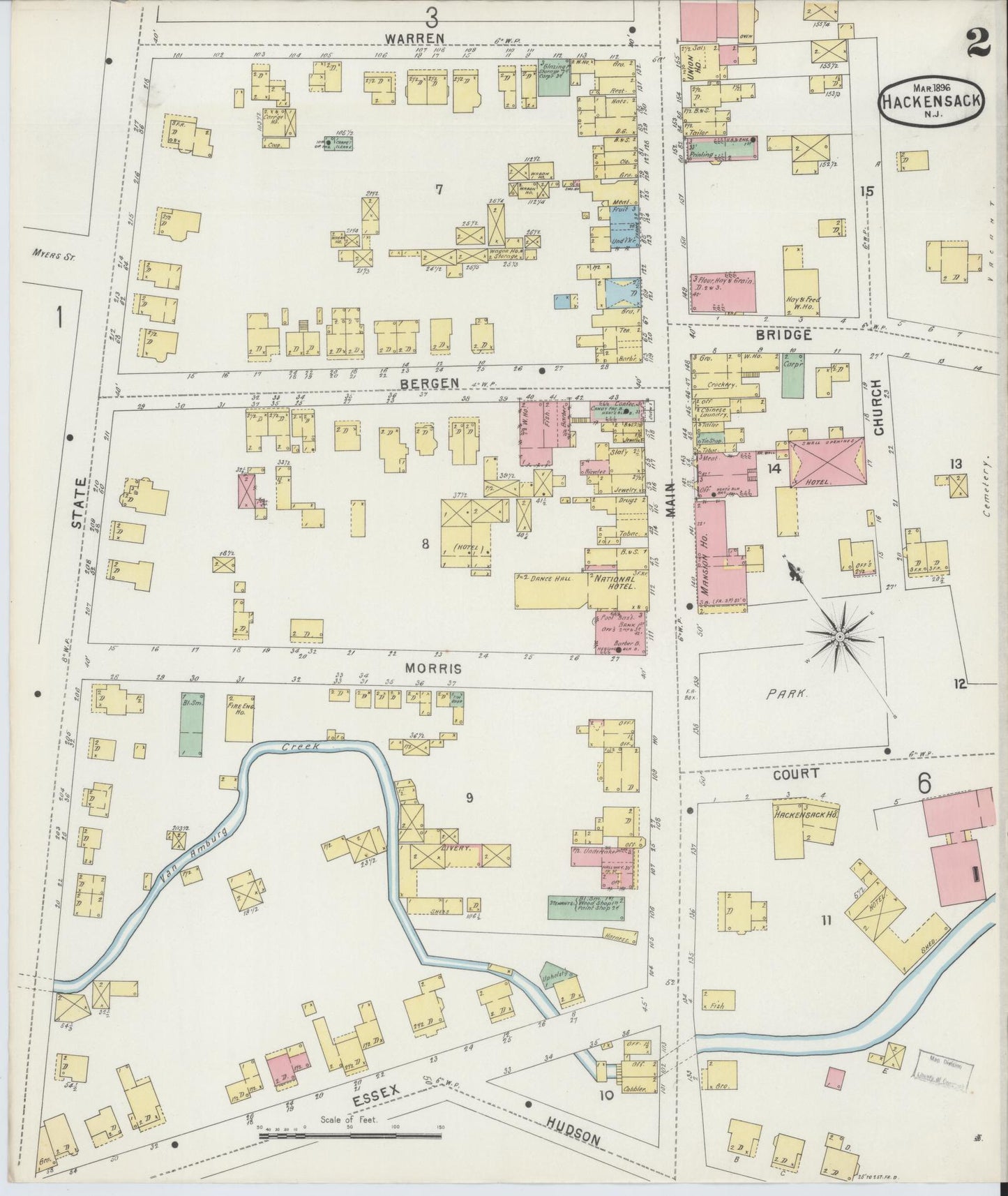 Sanborn Fire Insurance Map from Hackensack, Bergen County, New Jersey (1896), Sheet #0002 - Complete Map Set gallery image, historic Sanborn map, vintage wall art, New Jersey New Jersey