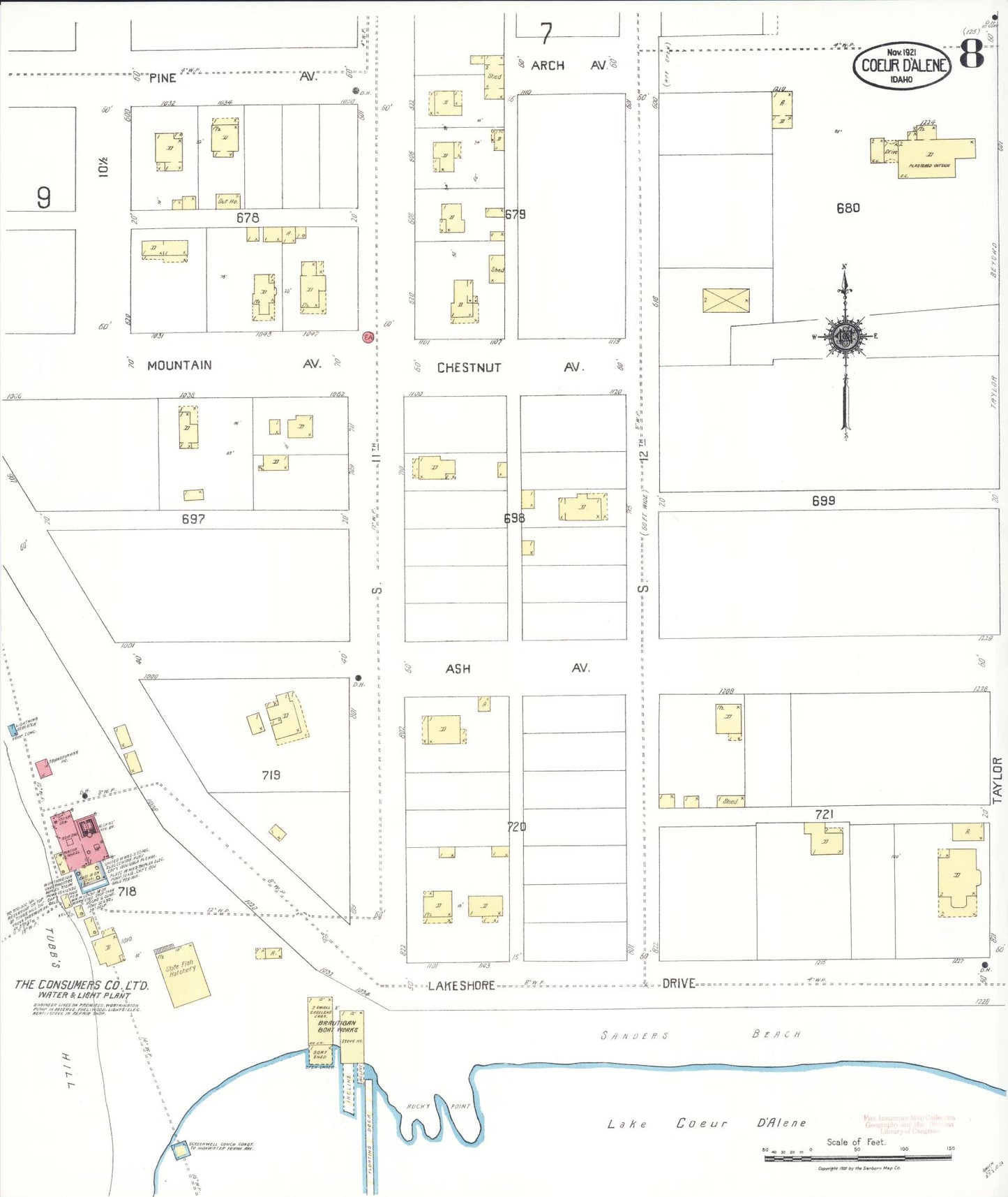 Sanborn Fire Insurance Map from Coeur D'alene, Kootenai County, Idaho (1921), Sheet #0008 - Historic Sanborn Fire Insurance Map Print, vintage old map wall art, antique decor, genealogy gift, Idaho Idaho map