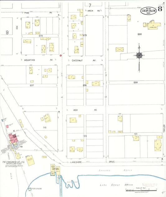 Sanborn Fire Insurance Map from Coeur D'alene, Kootenai County, Idaho (1921), Sheet #0008 - Historic Sanborn Fire Insurance Map Print, vintage old map wall art, antique decor, genealogy gift, Idaho Idaho map