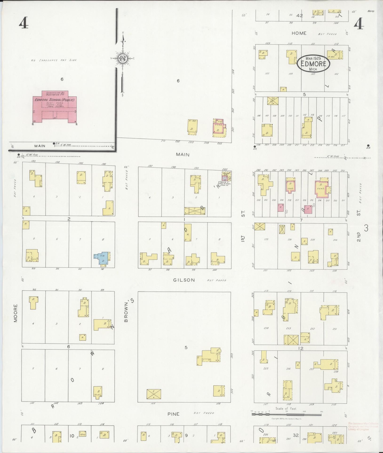 Sanborn Fire Insurance Map from Edmore, Montcalm County, Michigan (1929), Sheet #0004 - Historic Sanborn Fire Insurance Map Print, vintage old map wall art, antique decor, genealogy gift, Michigan Michigan map