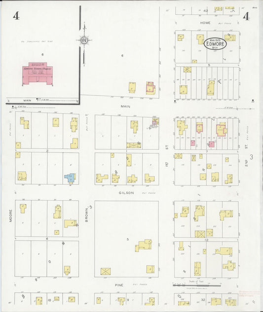 Sanborn Fire Insurance Map from Edmore, Montcalm County, Michigan (1929), Sheet #0004 - Historic Sanborn Fire Insurance Map Print, vintage old map wall art, antique decor, genealogy gift, Michigan Michigan map